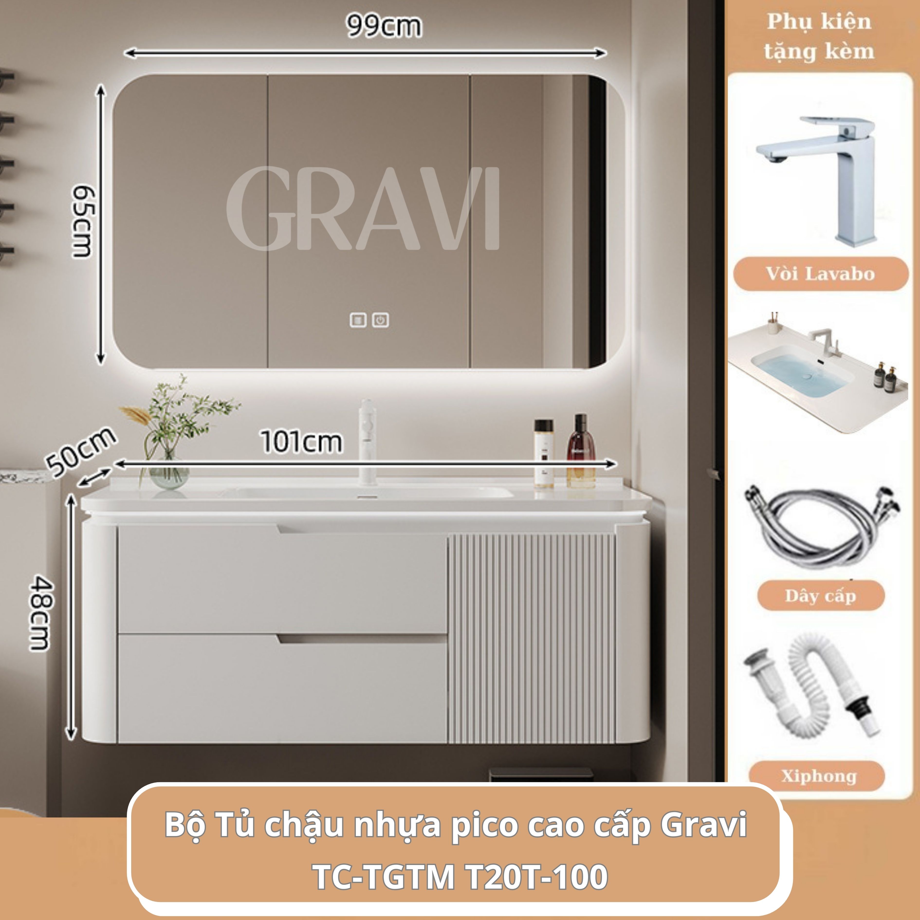 Tủ chậu lavabo nhựa Pico cao cấp Gravi GR100-T20