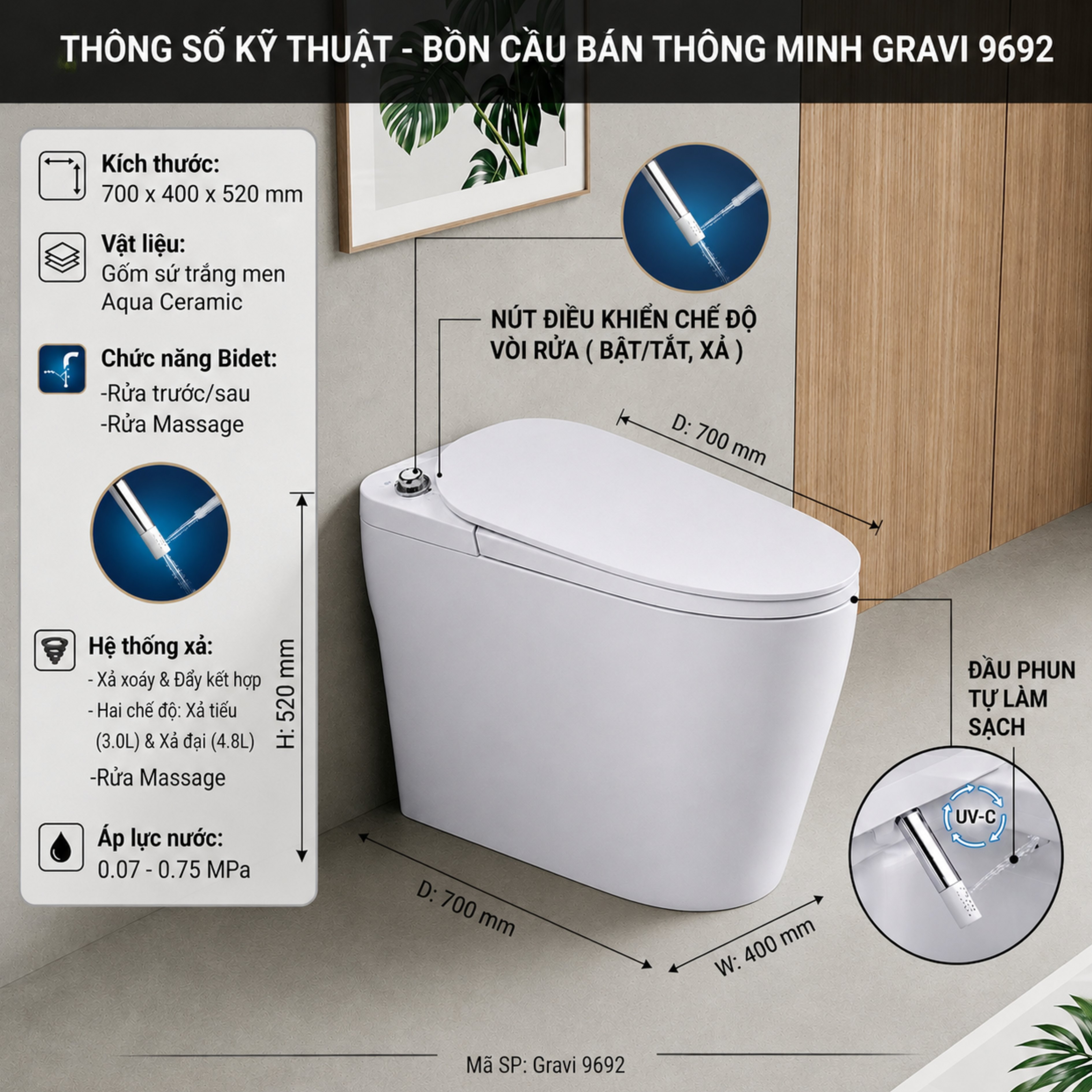 Bồn Cầu Bán Thông Minh Gravi BC-9692