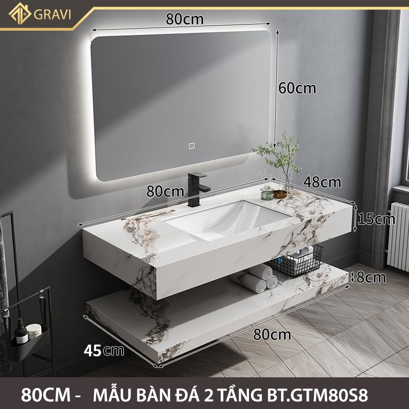 Bộ tủ chậu bàn đá 2 tầng BT.GTM80G8 Trắng Ngọc