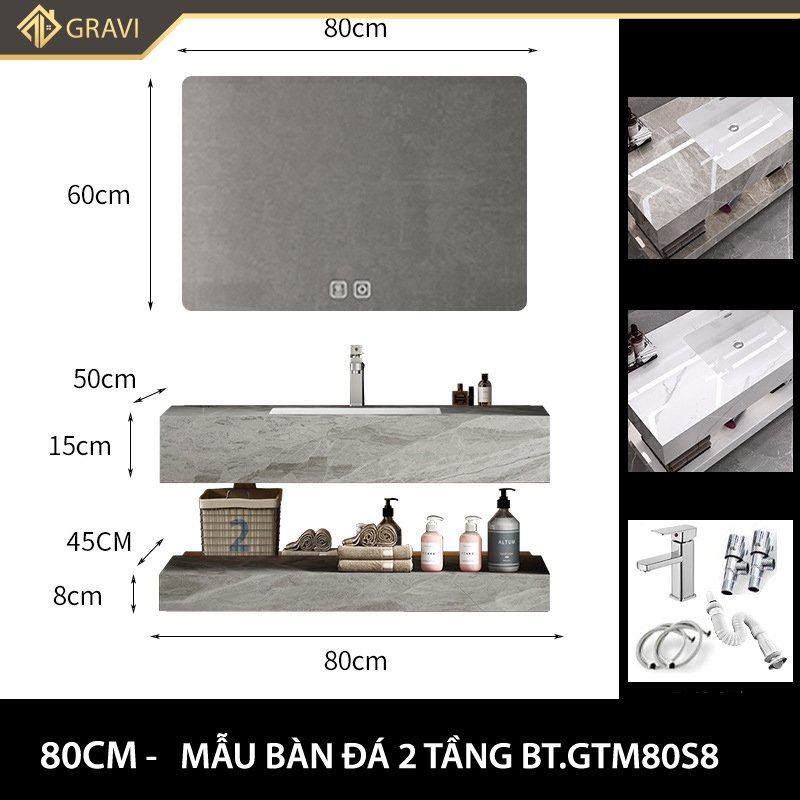 Bộ tủ chậu bàn đá 2 tầng BT.GTM80G8 Trắng Xám