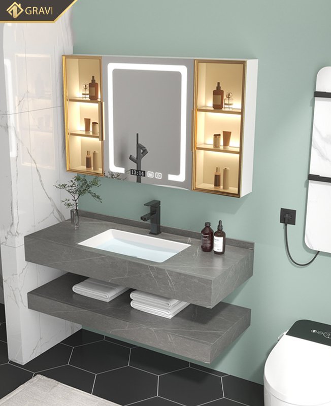 Tủ chậu lavabo bàn đá hai tầng cao cấp Gravi BT.GTM80G8