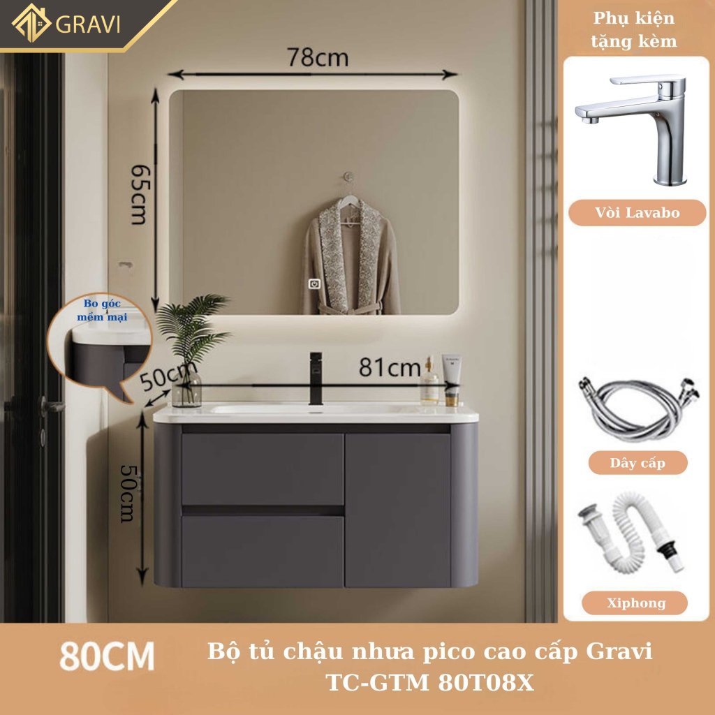 Tủ chậu lavabo nhựa pico cao cấp Gravi TC-GTM 80T08X