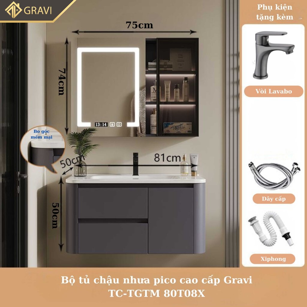 Tủ chậu lavabo nhựa pico cao cấp Gravi TC-TGTM 80T08X