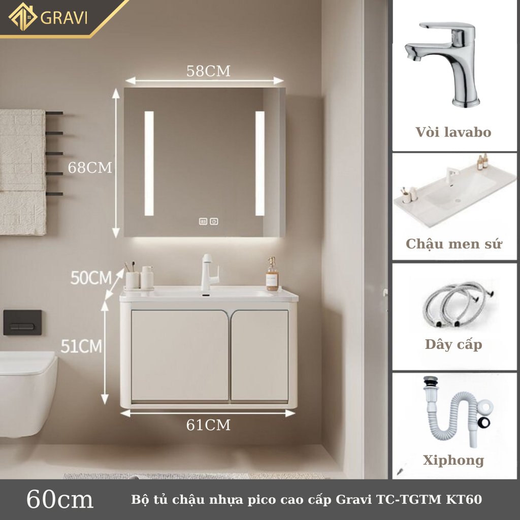 Tủ chậu lavabo nhựa pico cao cấp Gravi TC-TGTM KT60