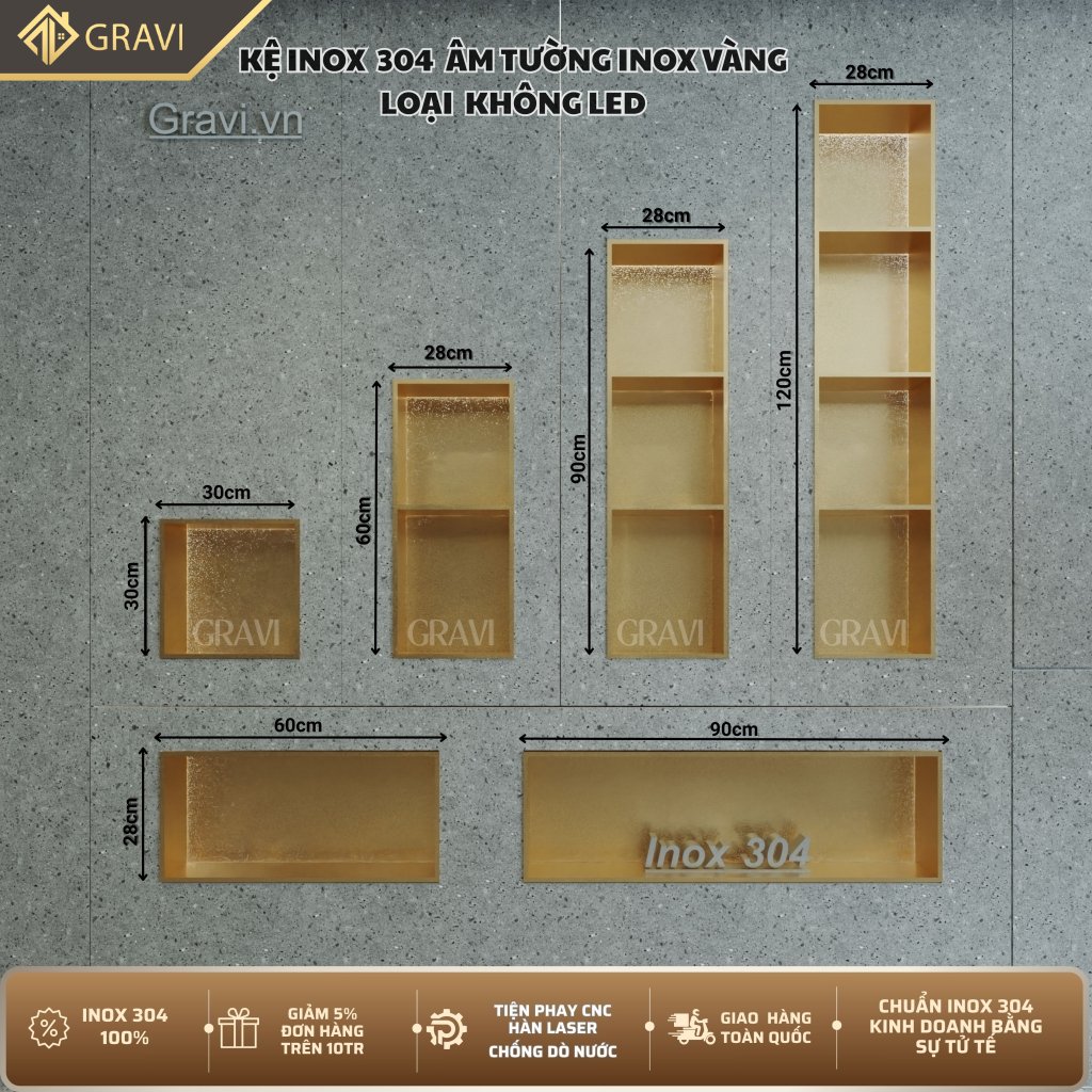 Hộc âm tường inox 304 loại 3 ngăn không led