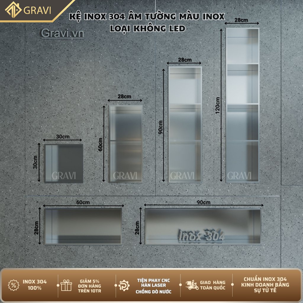 Hộc âm tường Màu inox 304 loại 3 ngăn không led