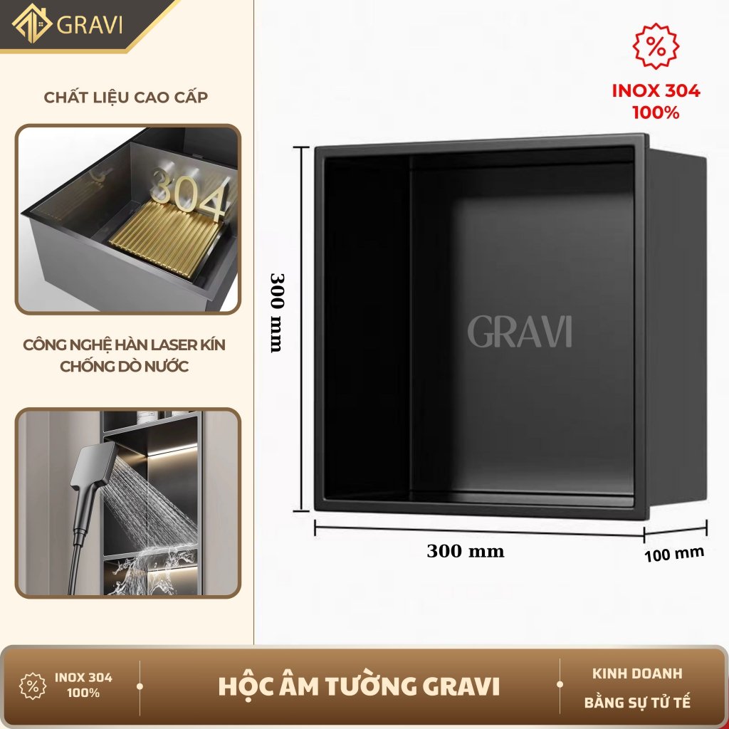 Hộc âm tường inox 304 – 1 ngăn màu Đen mờ (không LED)