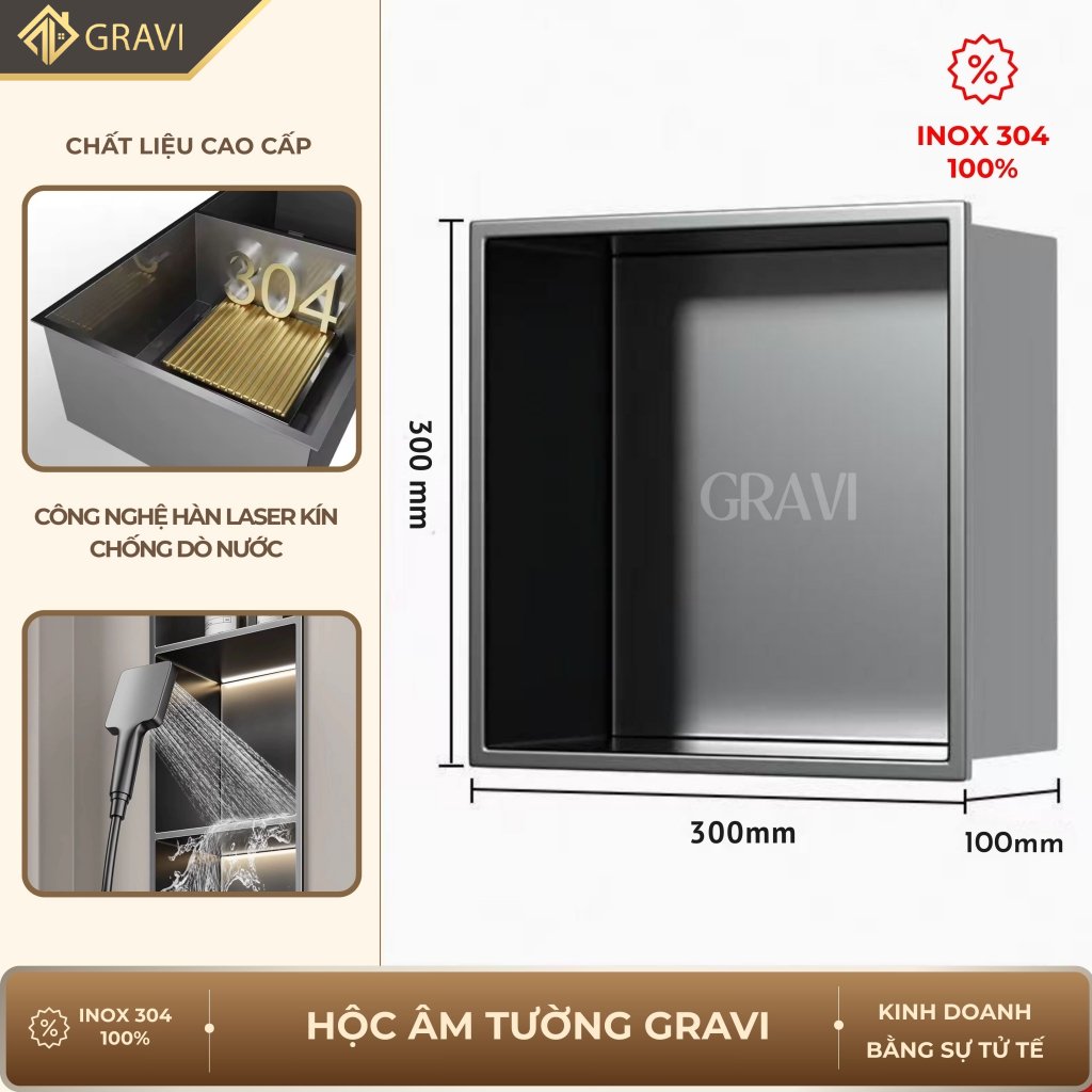 Hộc âm tường inox 304 – 1 ngăn màu Ghi xám (không LED)