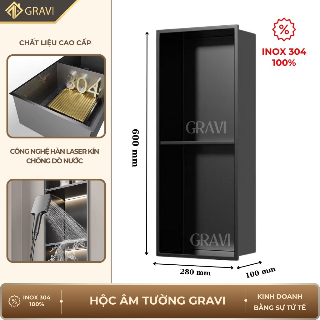 Hộc âm tường inox 304 – 2 ngăn màu Đen mờ (không LED)