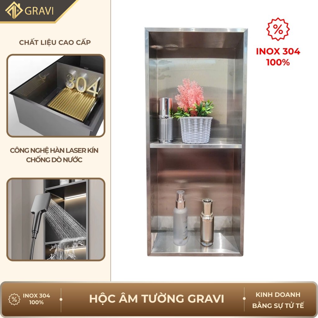 Hộc âm tường inox 304 – 2 ngăn màu Inox (không LED)