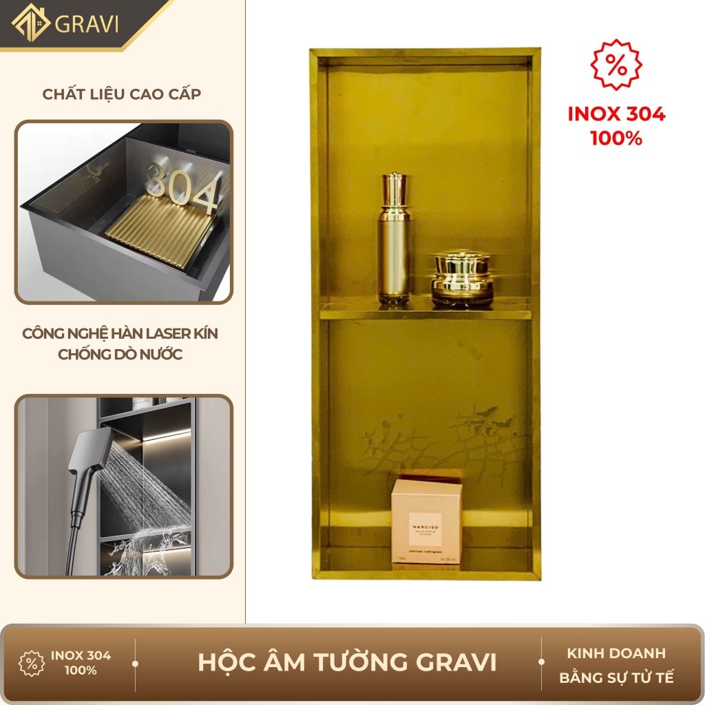 Hộc âm tường inox 304 – 2 ngăn màu Vàng (không LED)