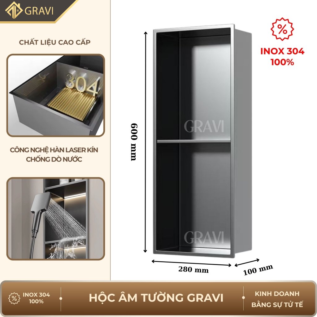 Hộc âm tường inox 304 – 2 ngăn màu Ghi xám (không LED)