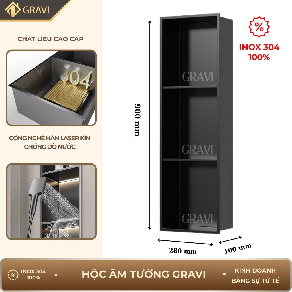Hộc âm tường inox 304 – 3 ngăn màu Đen mờ (không LED)