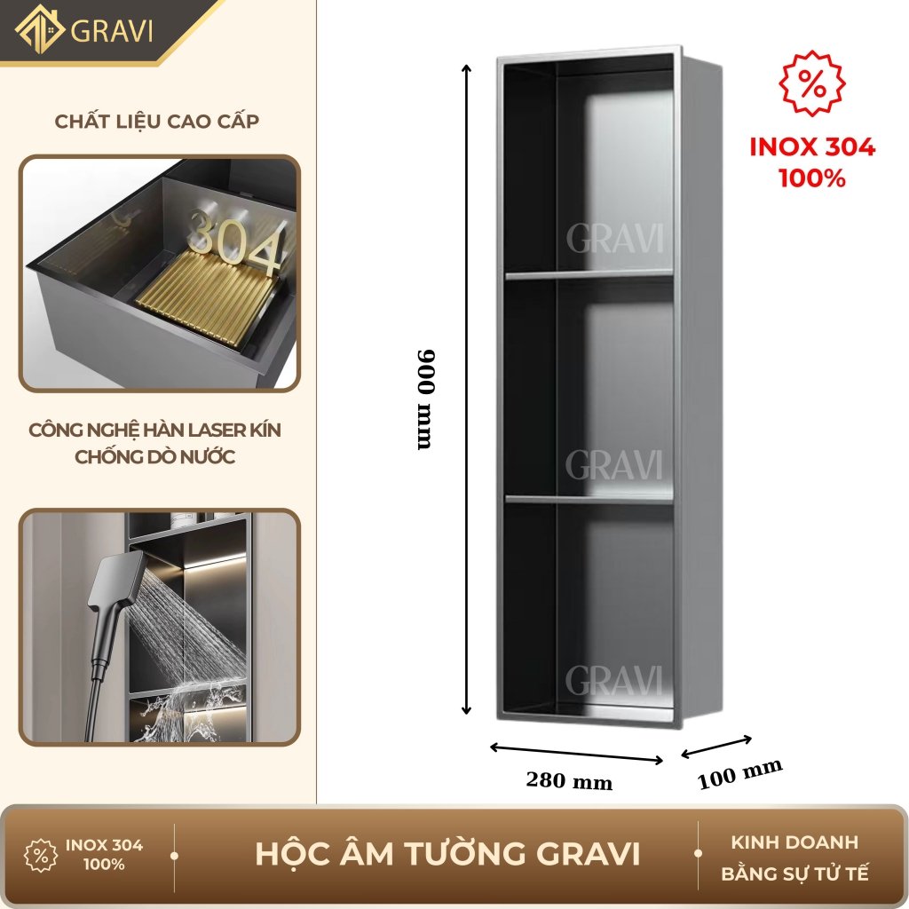 Hộc âm tường inox 304 – 3 ngăn màu Ghi xám (không LED)