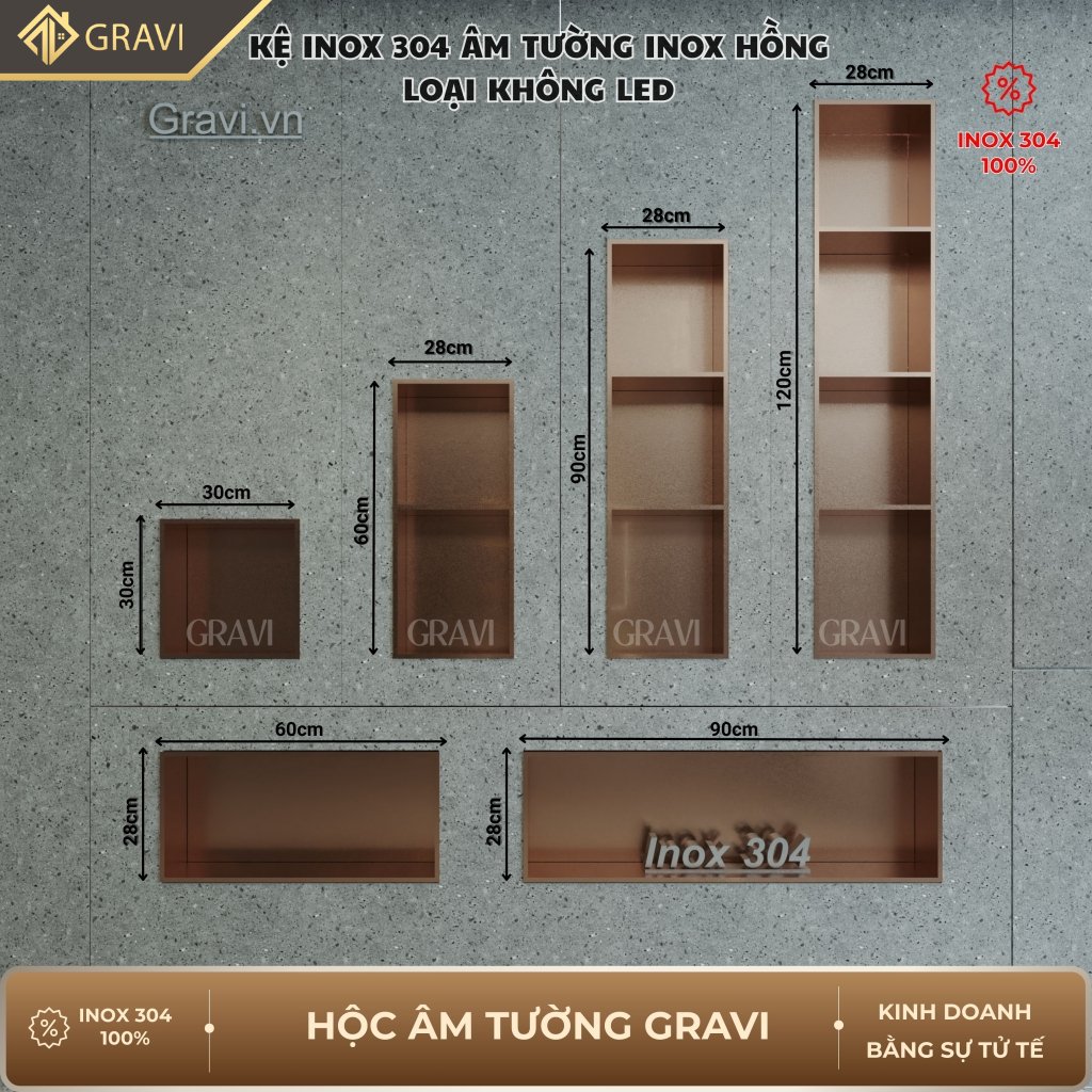 Hộc âm tường inox 304 – 3 ngăn màu Hồng (không LED)