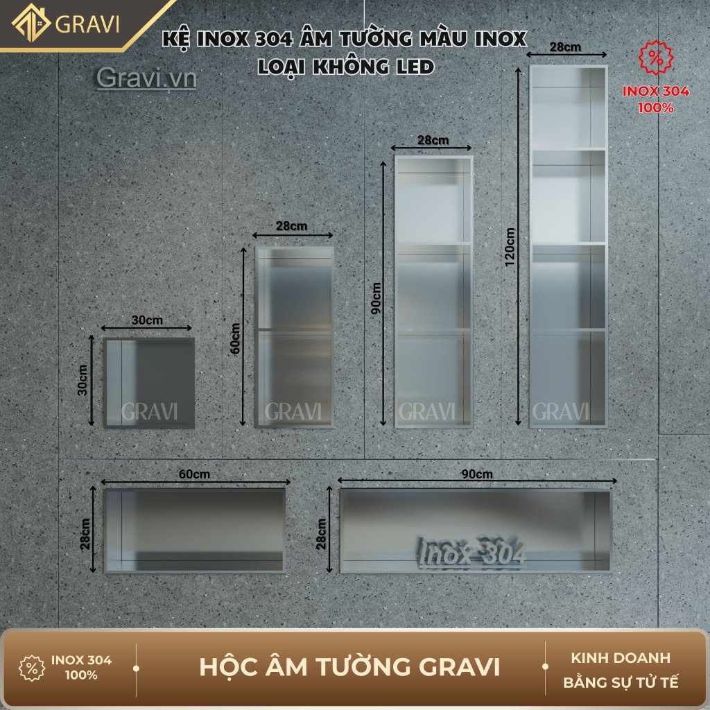 Hộc âm tường inox 304 – 3 ngăn màu Inox (không LED)