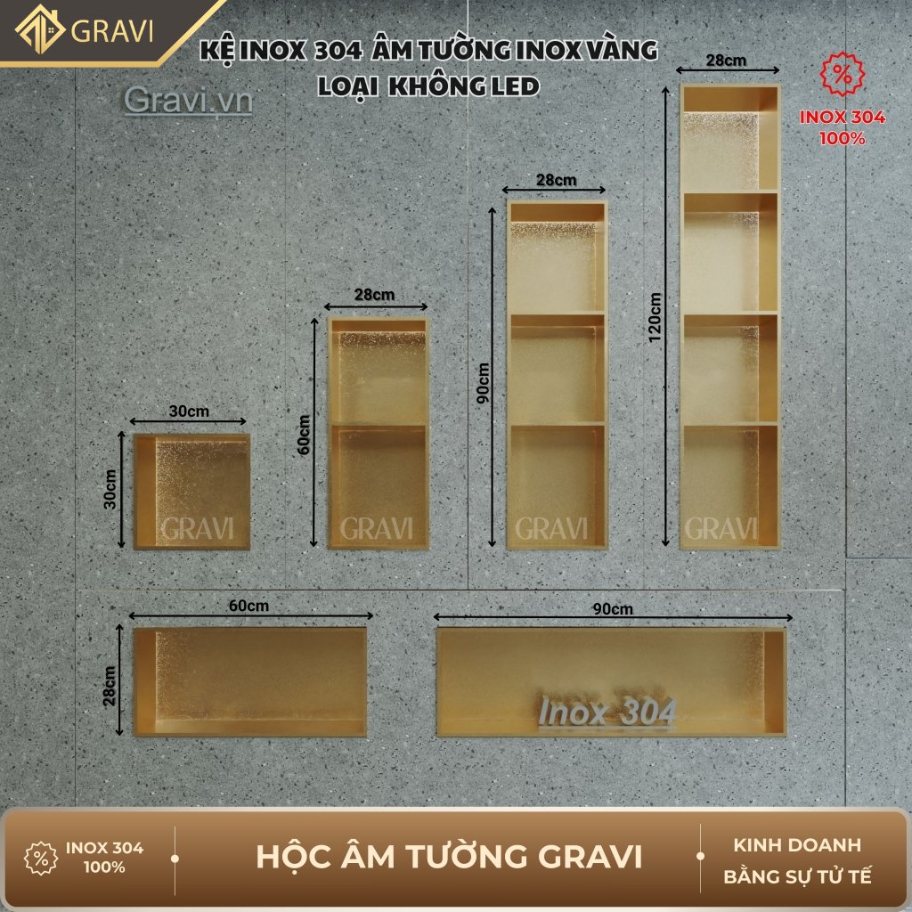 Hộc âm tường inox 304 – 3 ngăn màu Vàng (không LED)