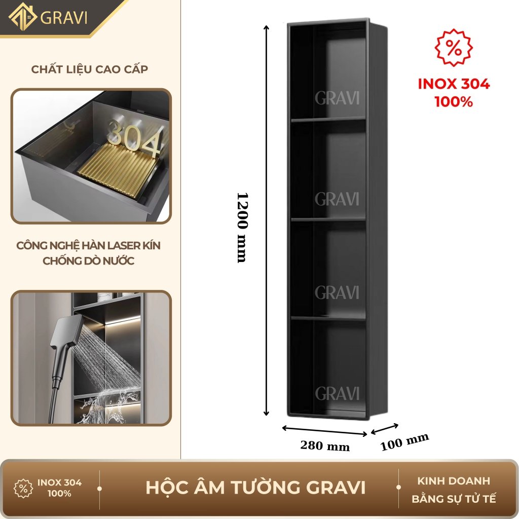 Hộc âm tường inox 304 – 4 ngăn màu Đen mờ (không LED)