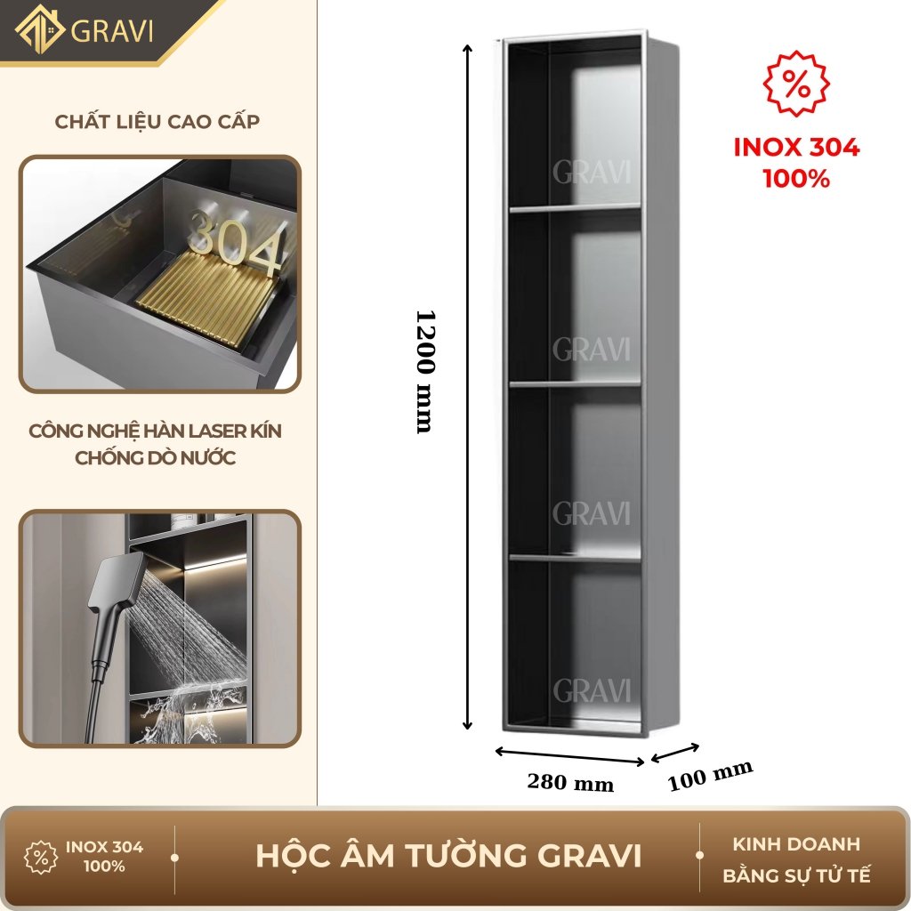 Hộc âm tường inox 304 – 4 ngăn màu Ghi xám (không LED)
