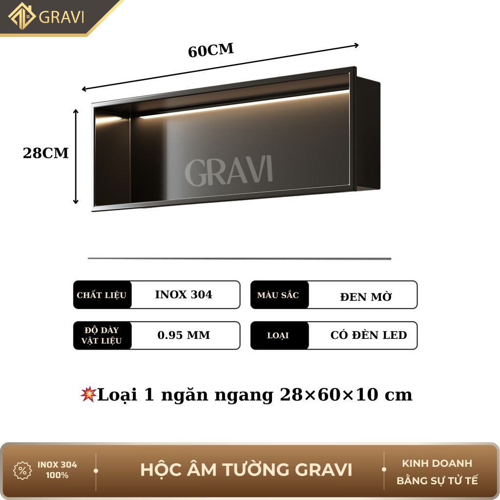 Hộc âm tường inox 304 ngang 60 cm Đen mờ có led