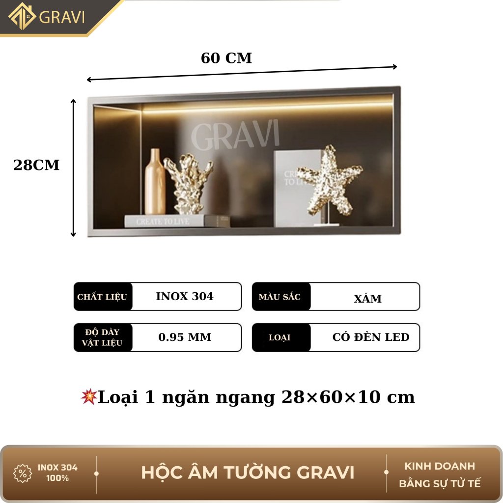 Hộc âm tường inox 304 ngang 60 cm Xám có led