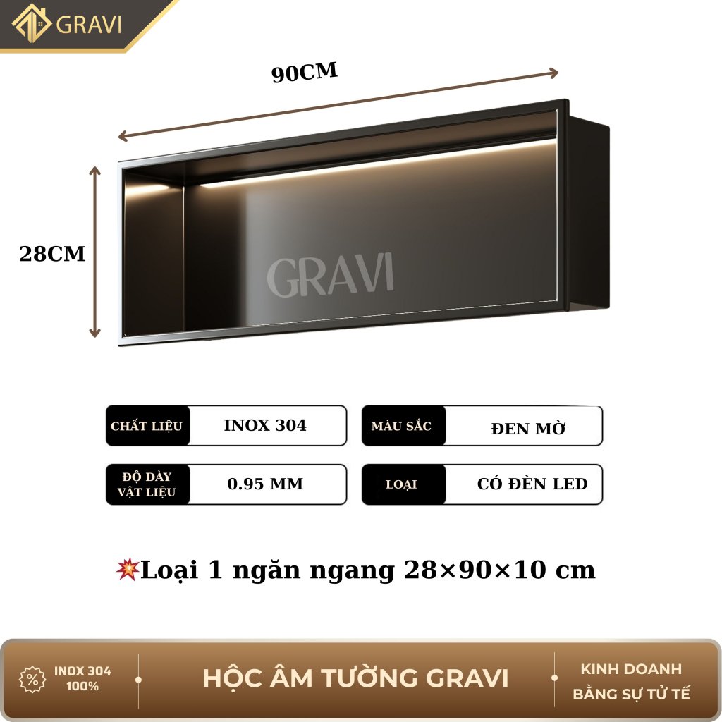 Hộc âm tường inox 304 ngang 90 cm Đen mờ có led