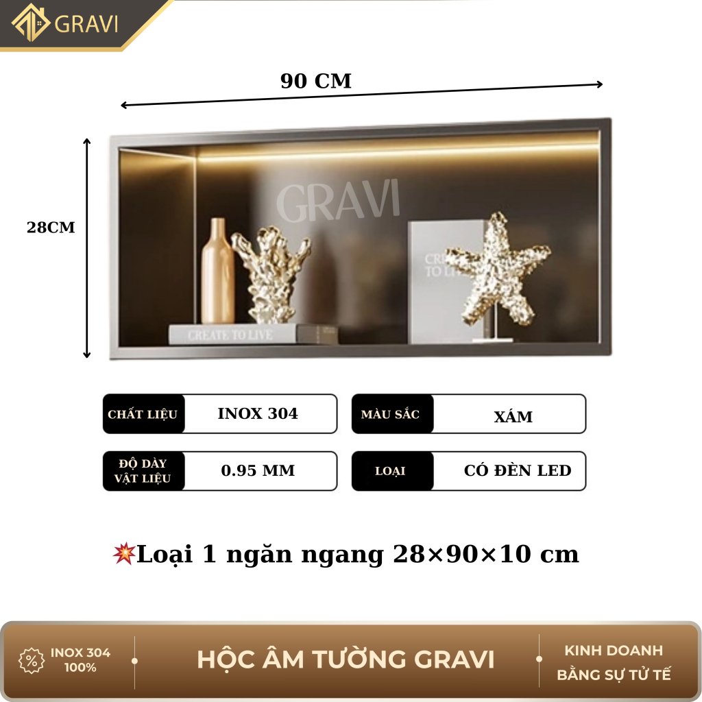 Hộc âm tường inox 304 ngang 90 cm Xám có led
