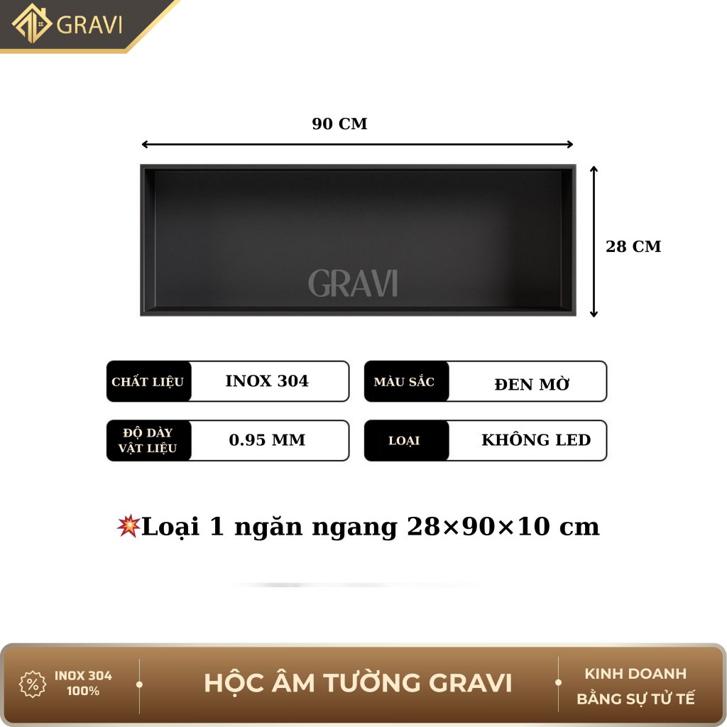Hộc âm tường inox 304 ngang 90 cm Đen mờ không led