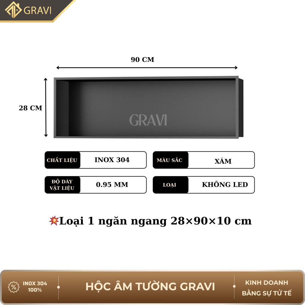Hộc âm tường inox 304 ngang 90 cm Xám không led
