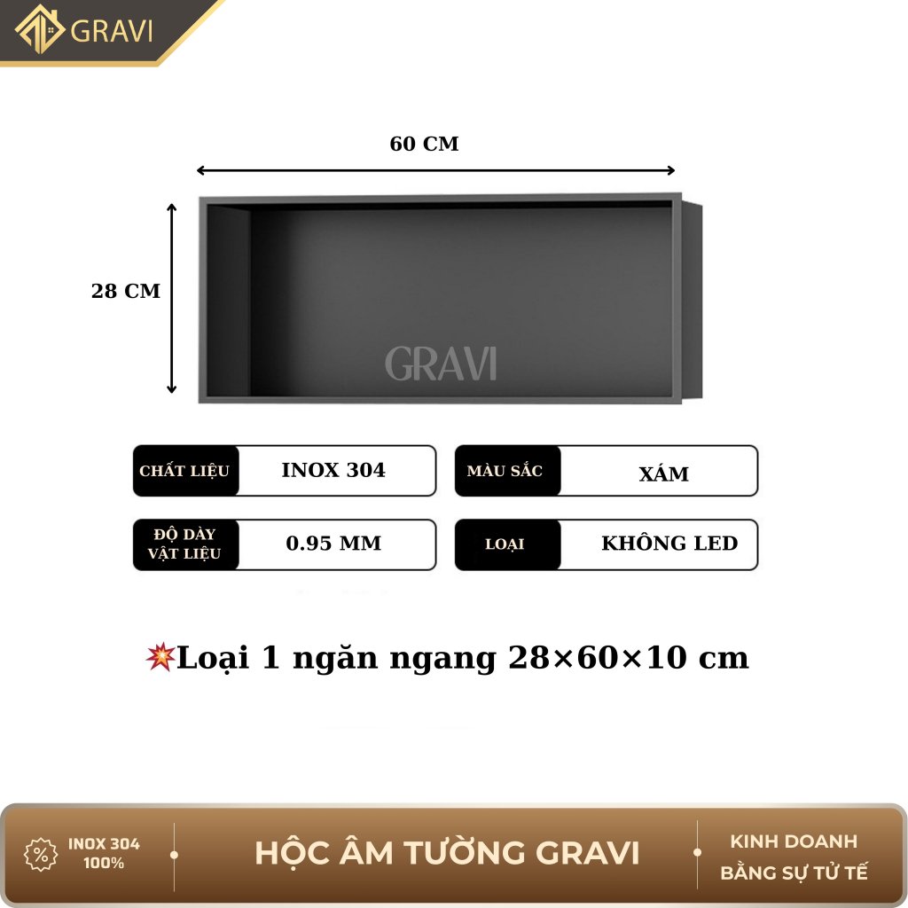 Hộc âm tường inox 304 ngang 60 cm Xám không led