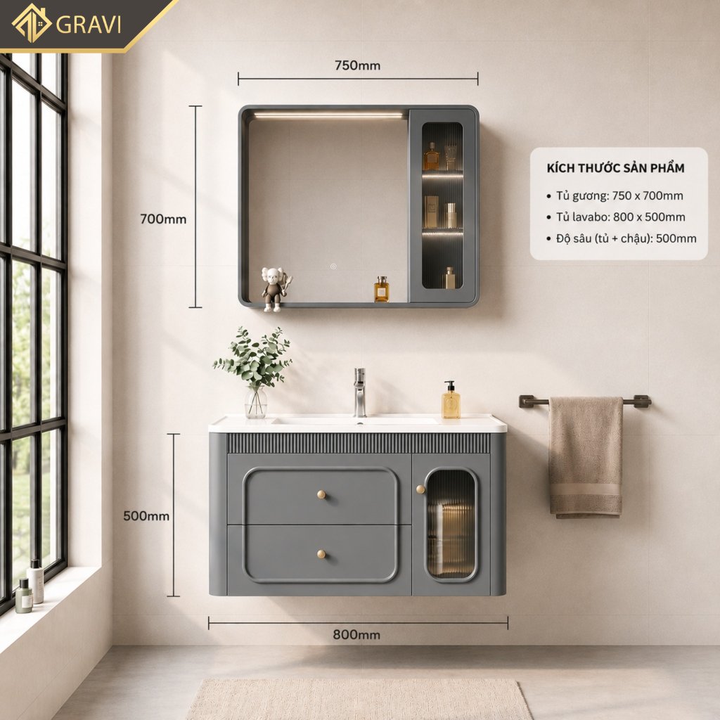 Tủ chậu lavabo nhựa Pico cao cấp Gravi 80T25X