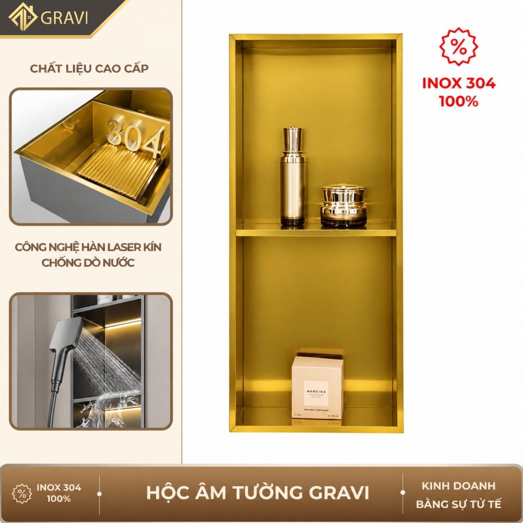 Hộc âm tường inox 304 – 2 ngăn màu Vàng (không LED)