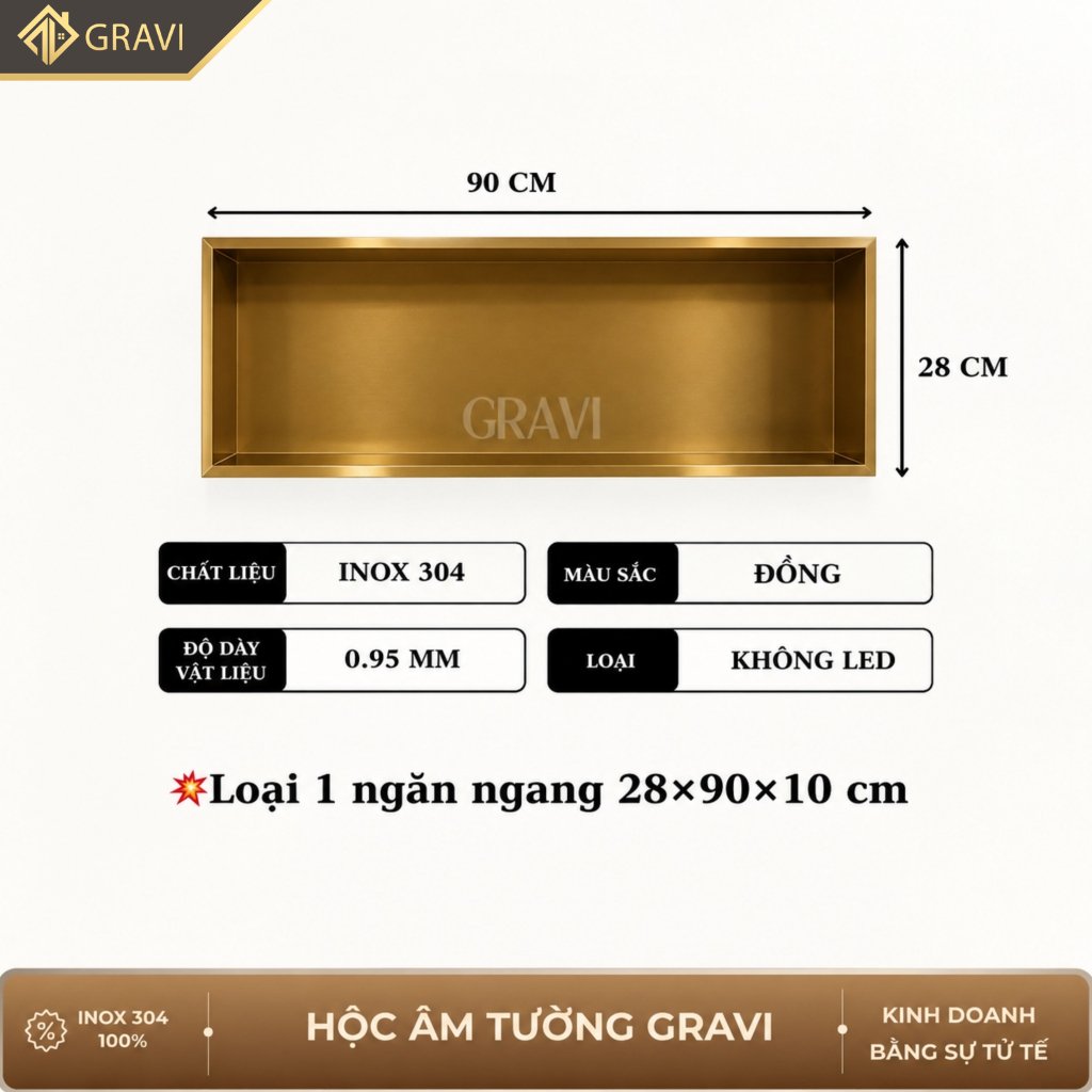 Hộc âm tường inox 304 Hồng 90 cm ngang không led