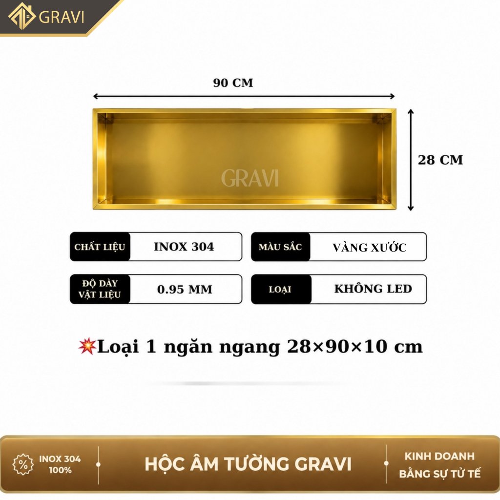 Hộc âm tường inox 304 loại ngang 90 cm Vàng không led