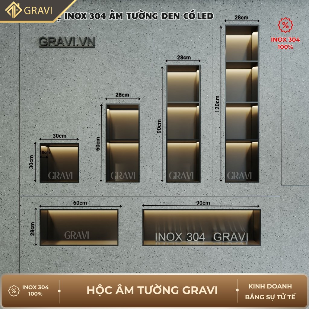 Hộc âm tường inox 304 – 4 ngăn màu Đen mờ (có LED)