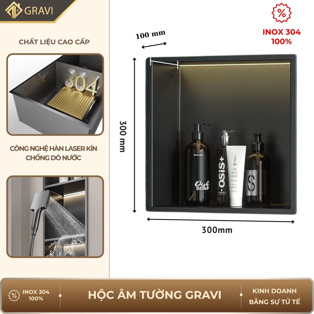 Hộc âm tường inox 304 – 1 ngăn màu Đen mờ (có LED)