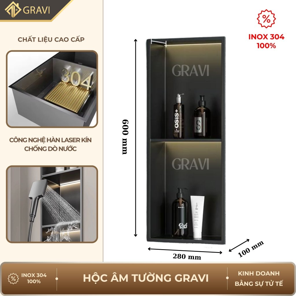 Hộc âm tường inox 304 – 2 ngăn màu Đen mờ (có LED)