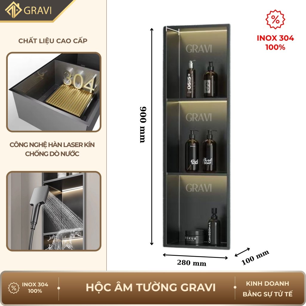 Hộc âm tường inox 304 – 3 ngăn màu Đen mờ (có LED)