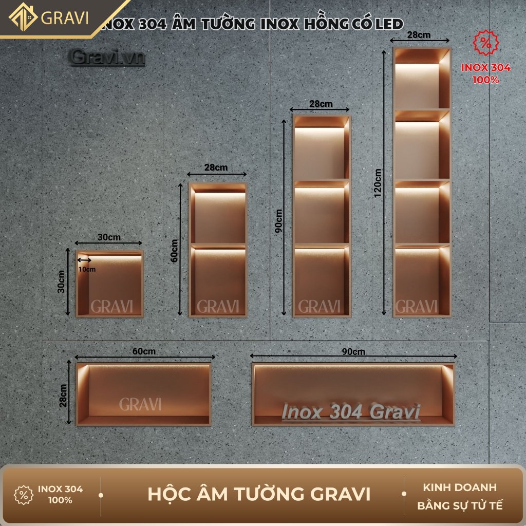 Hộc âm tường inox 304 – 4 ngăn màu Hồng xước (có LED)