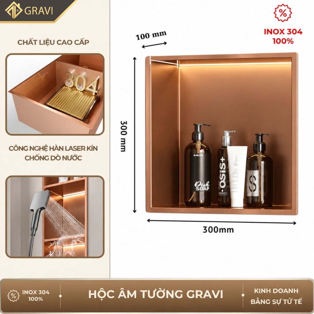 Hộc âm tường inox 304 – 1 ngăn màu Hồng xước (có LED)