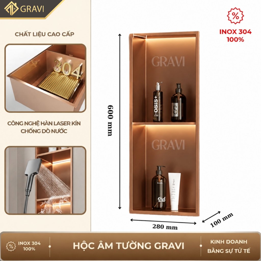 Hộc âm tường inox 304 – 2 ngăn màu Hồng xước (có LED)