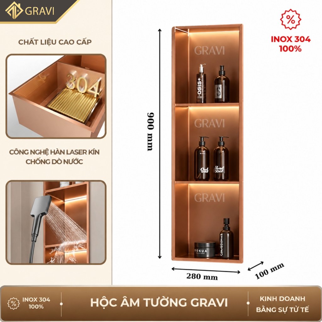 Hộc âm tường inox 304 – 3 ngăn màu Hồng xước (có LED)