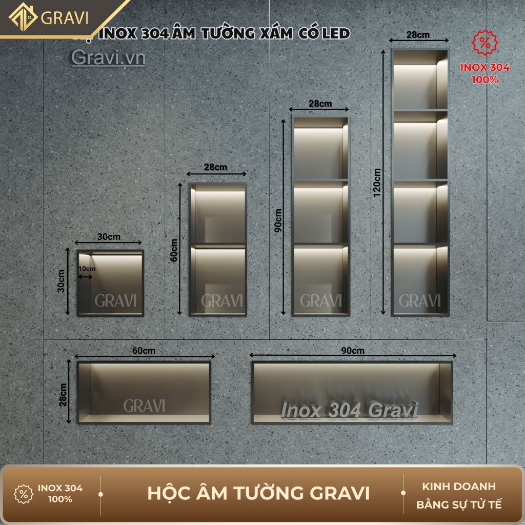 Hộc âm tường inox 304 – 4 ngăn màu Ghi xám (có LED)