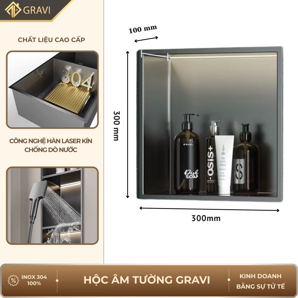 Hộc âm tường inox 304 – 1 ngăn màu Ghi xám (có LED)