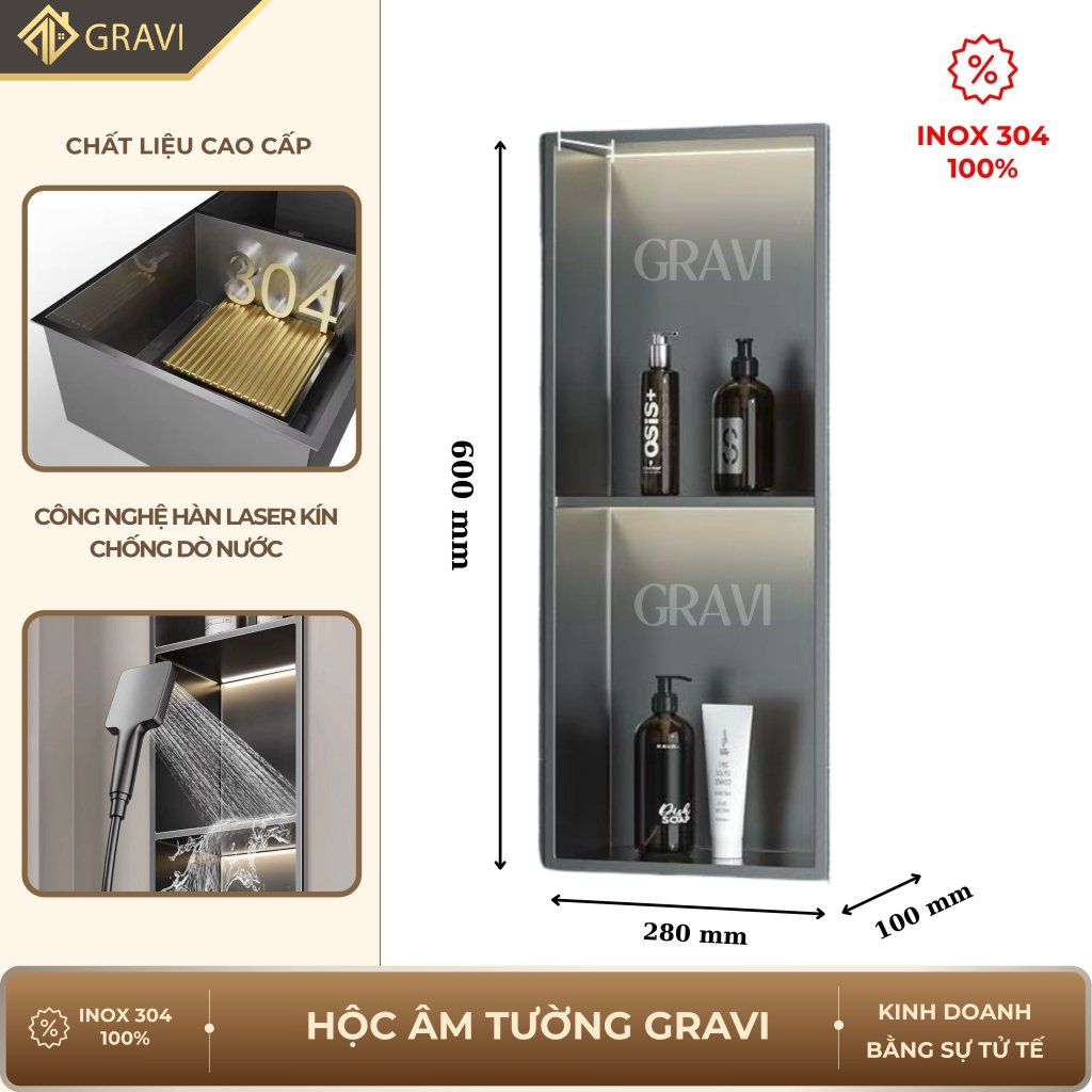 Hộc âm tường inox 304 – 2 ngăn màu Ghi xám (có LED)