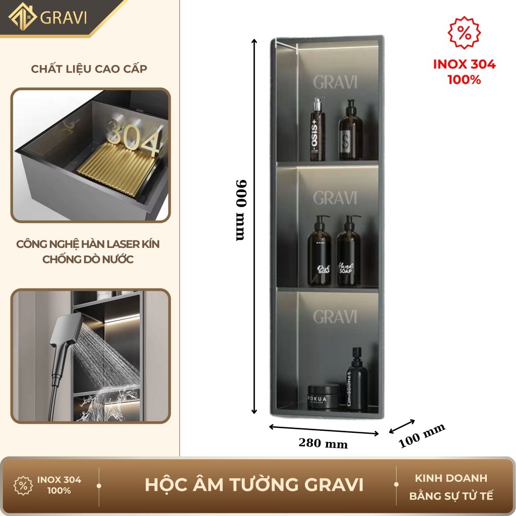 Hộc âm tường inox 304 – 3 ngăn màu Ghi xám (có LED)