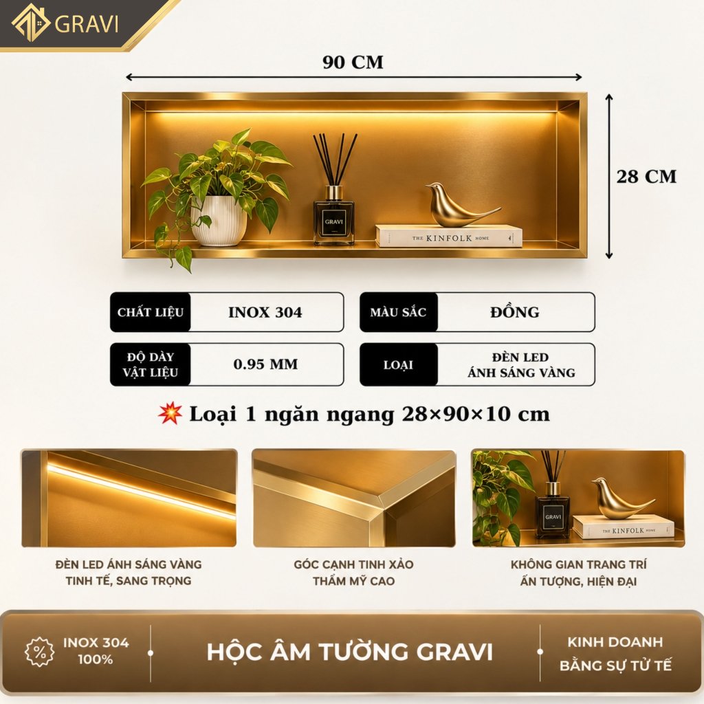 Hộc âm tường inox 304 ngang 90 cm Hồng xước có led