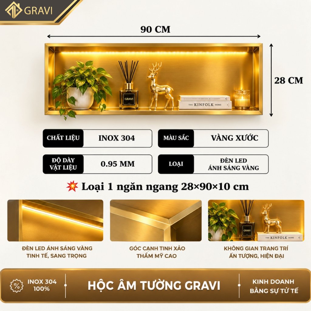 Hộc âm tường inox 304 ngang 90 cm Vàng xước có led
